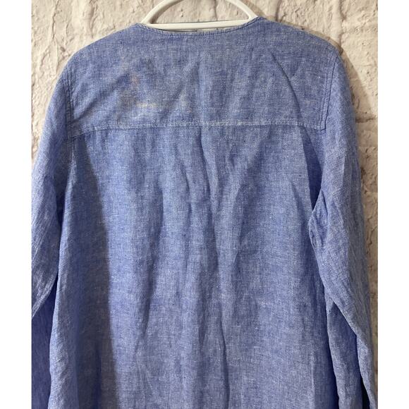 TAHARI 2X Blue 100% Linen Roll Tab Sleeve MOP Button Flowy Tunic Top Blouse - Picture 3 of 6